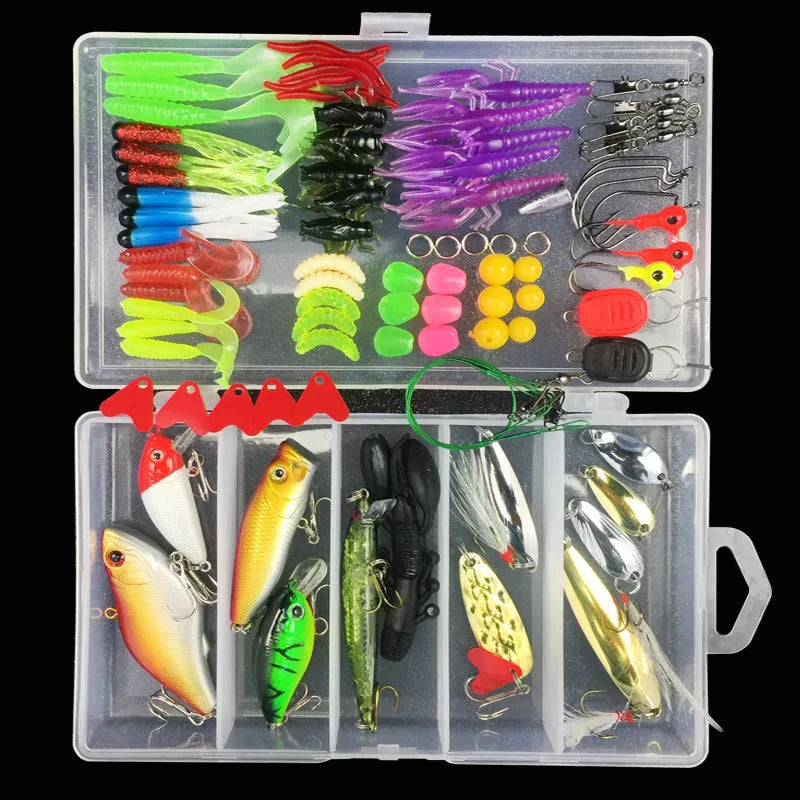 Junior fishing lure suit with PP storage box containing soft plastic baits in 28 to 106 piece size options