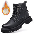 Men's brown high-top leather Martin boots with side zipper and mid heel