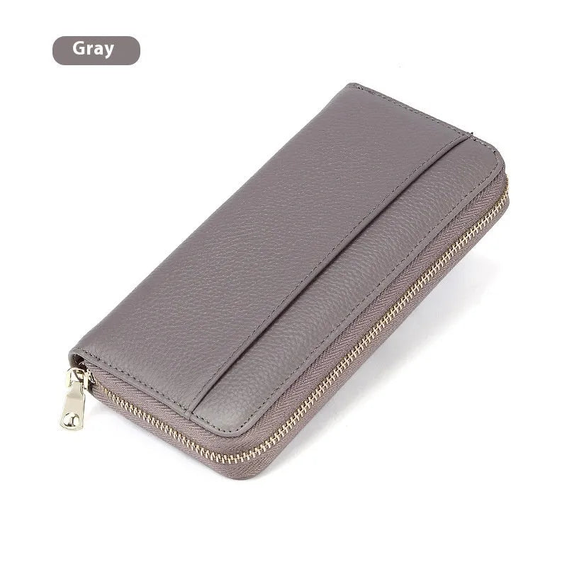 Long genuine leather women's wallet in six colours with anti-theft card swiping feature