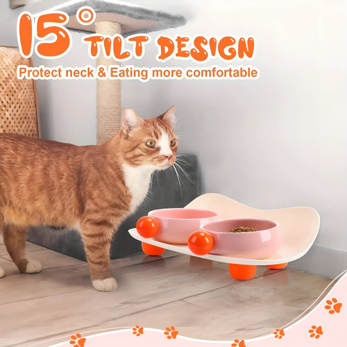 Ceramic raised pet feeding bowl set in pink with two bowls and non-slip base.