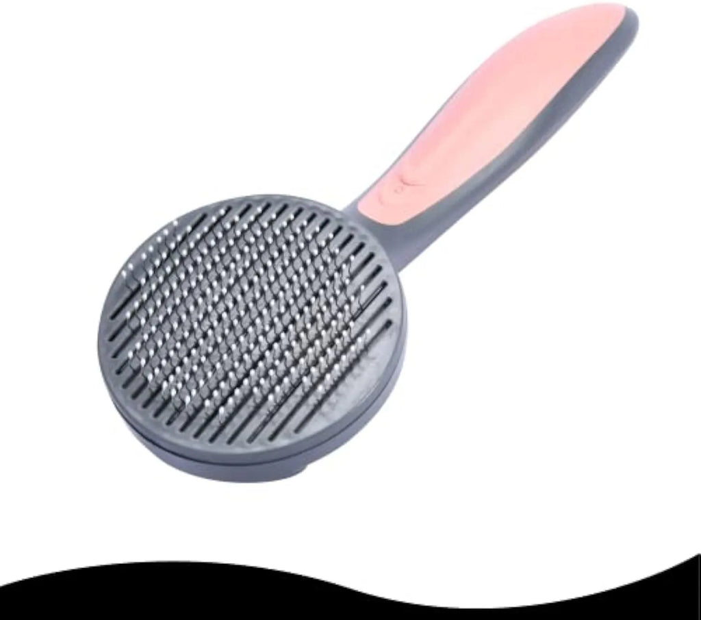 Grey self-cleaning slicker brush for pet grooming with ergonomic handle and one-click button.