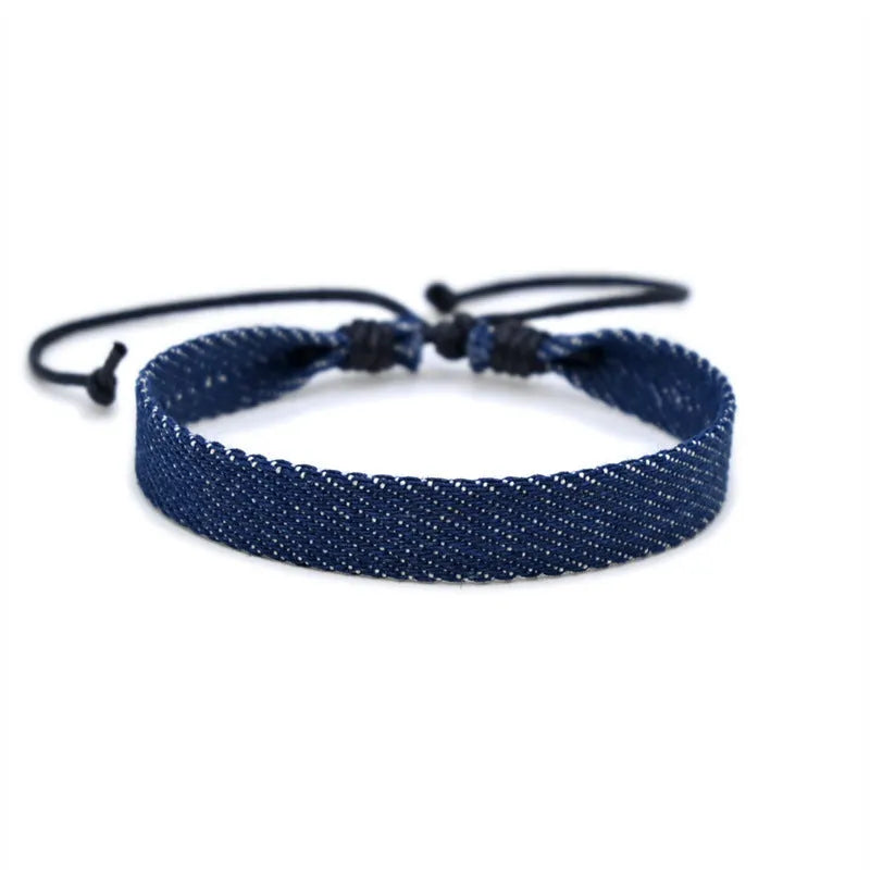 National style denim fabric bracelet carrying strap with mixed material construction for unisex travel and memorial use
