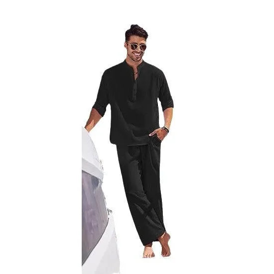 Men's casual cotton trousers suit set in solid colour with long sleeve top