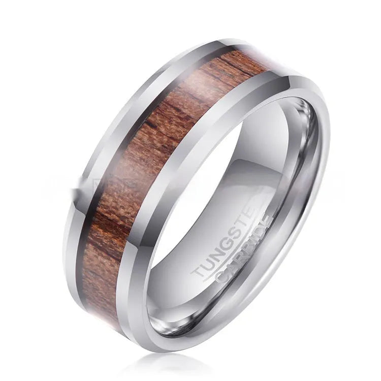 Men's tungsten ring with brown leather inlay and wood detail on an 8mm wide band in rose gold tone.