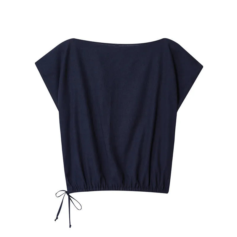 Women's two-piece set with off-neck flounced sleeve top and wide leg trousers in blended polyester fabric