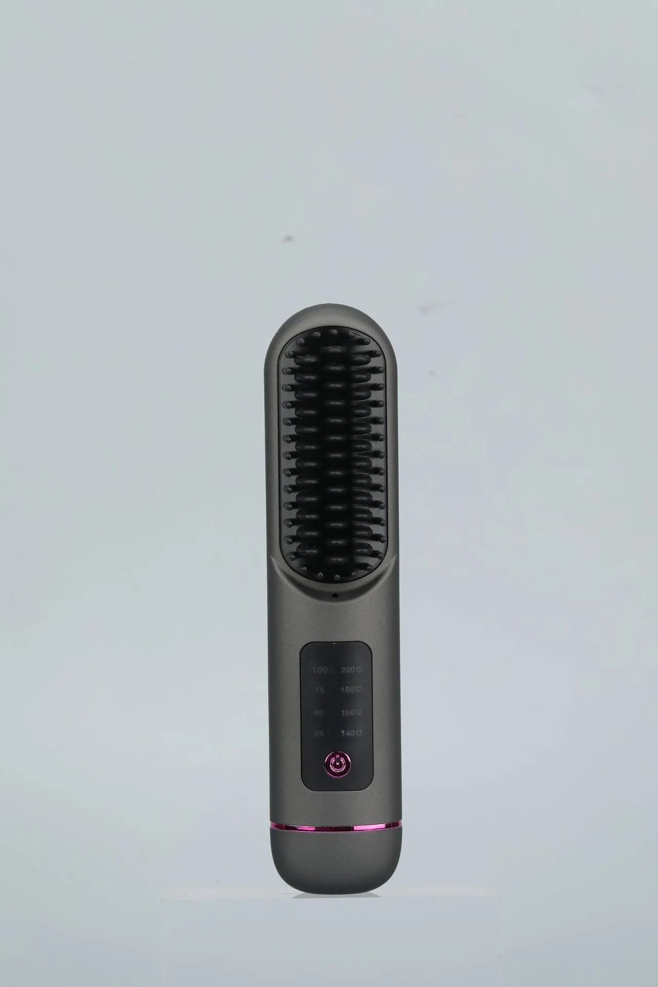 A portable negative ion hair straightening comb in a choice of white, dark blue, or grey colours.