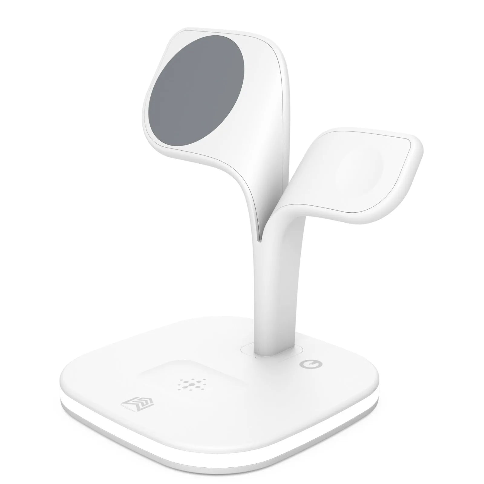 Black 3-in-1 wireless charging stand for phone, watch and headphones on a desk