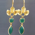 Gold retro drop earrings with French leaf design, tassels and water droplet zircon elements