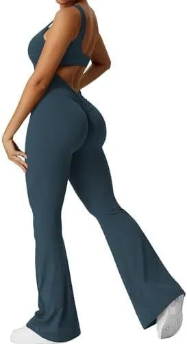 Women's sleeveless flare jumpsuit long pants in Army Green colour for yoga fitness.