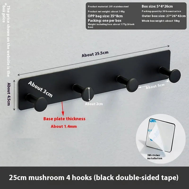 Screwless punch-free wall hook with mushroom hooks for shower doors, white double-sided tape mounting