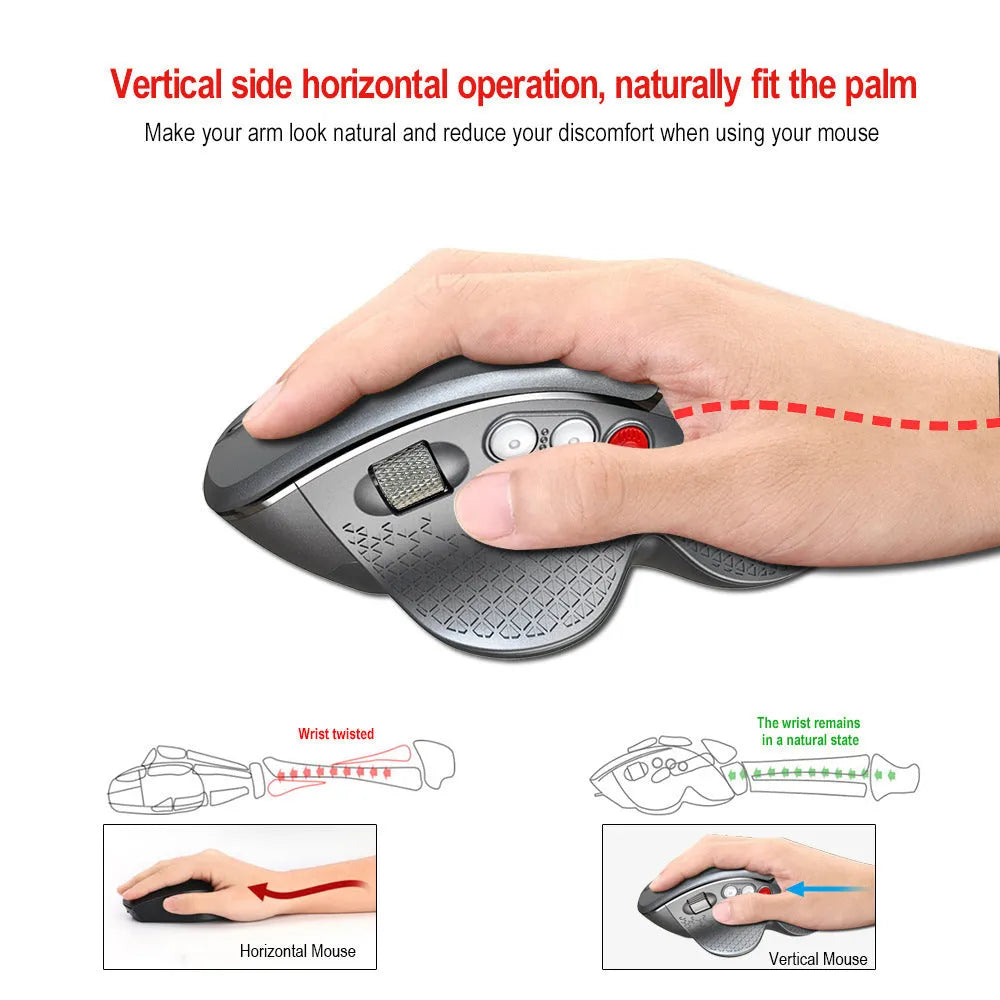 T32 wireless vertical ergonomic mouse in black or silver with aluminium side roller and USB receiver