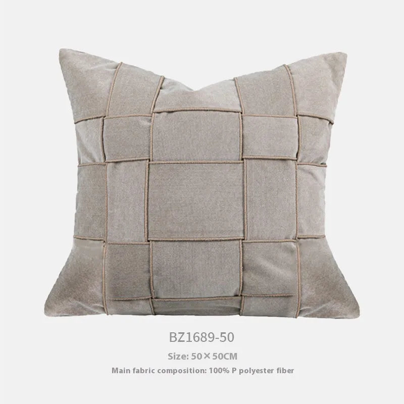 Chenille woven square cushion in beige colour on a sofa, showing its 50x50cm size and textured fabric.