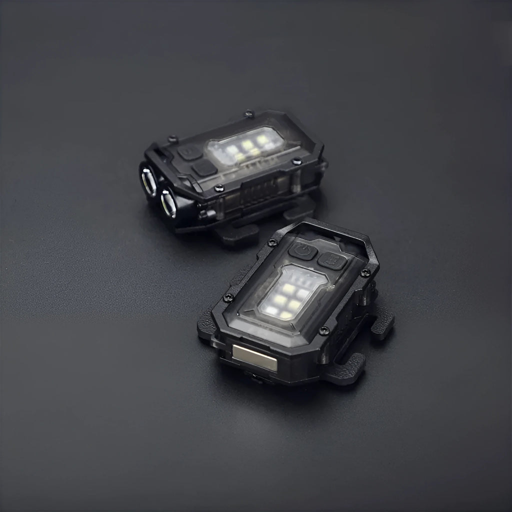 Portable tactical warning flashlight with USB charging cable for outdoor backpack mounting.