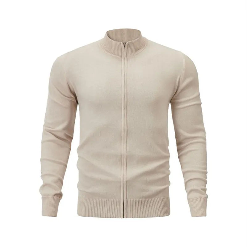 Cotton stand collar casual sports sweater with full-length zipper in loose fit