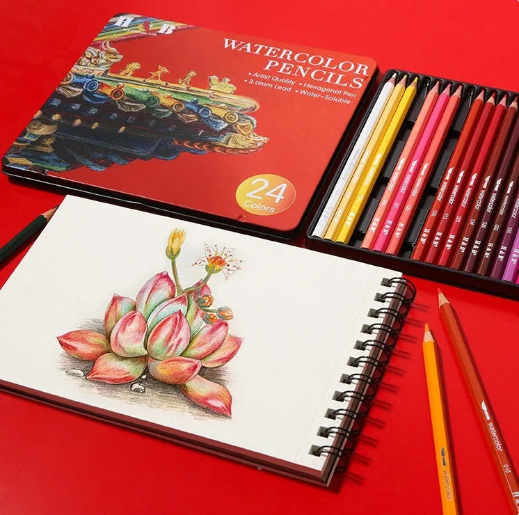 Water-soluble coloured pencils set of 24 colours in iron box with brush for drawing and painting