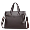 Men's black PU leather business messenger bag with crossbody shoulder strap showing splicing design
