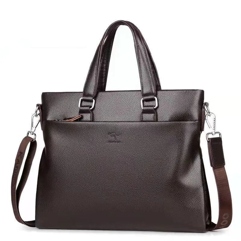 Men's black PU leather business messenger bag with crossbody shoulder strap showing splicing design