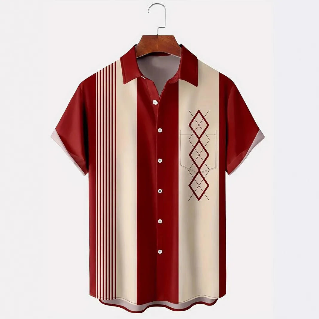 Men's loose plaid short-sleeve shirt with lapel collar on a hanger
