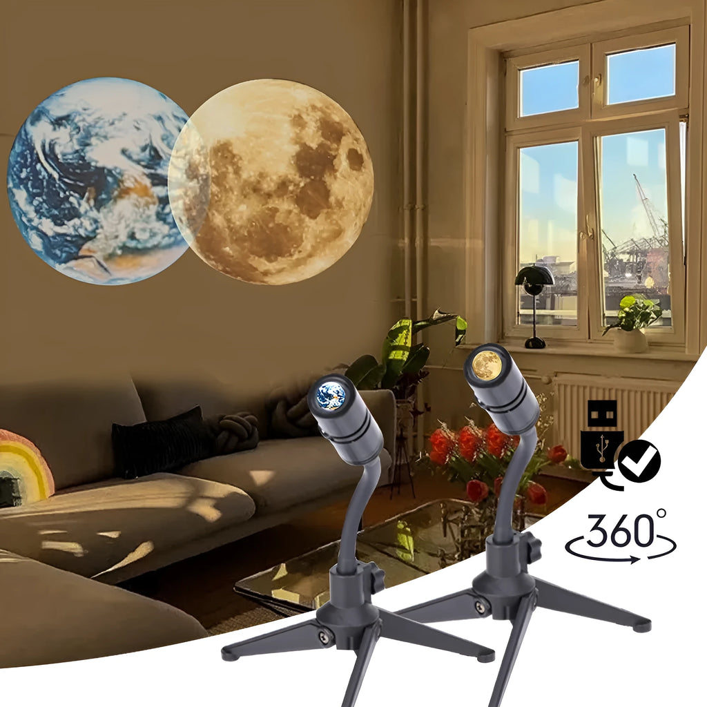 Earth and moon LED projector lamp on its adjustable hose bracket, showing USB cable.