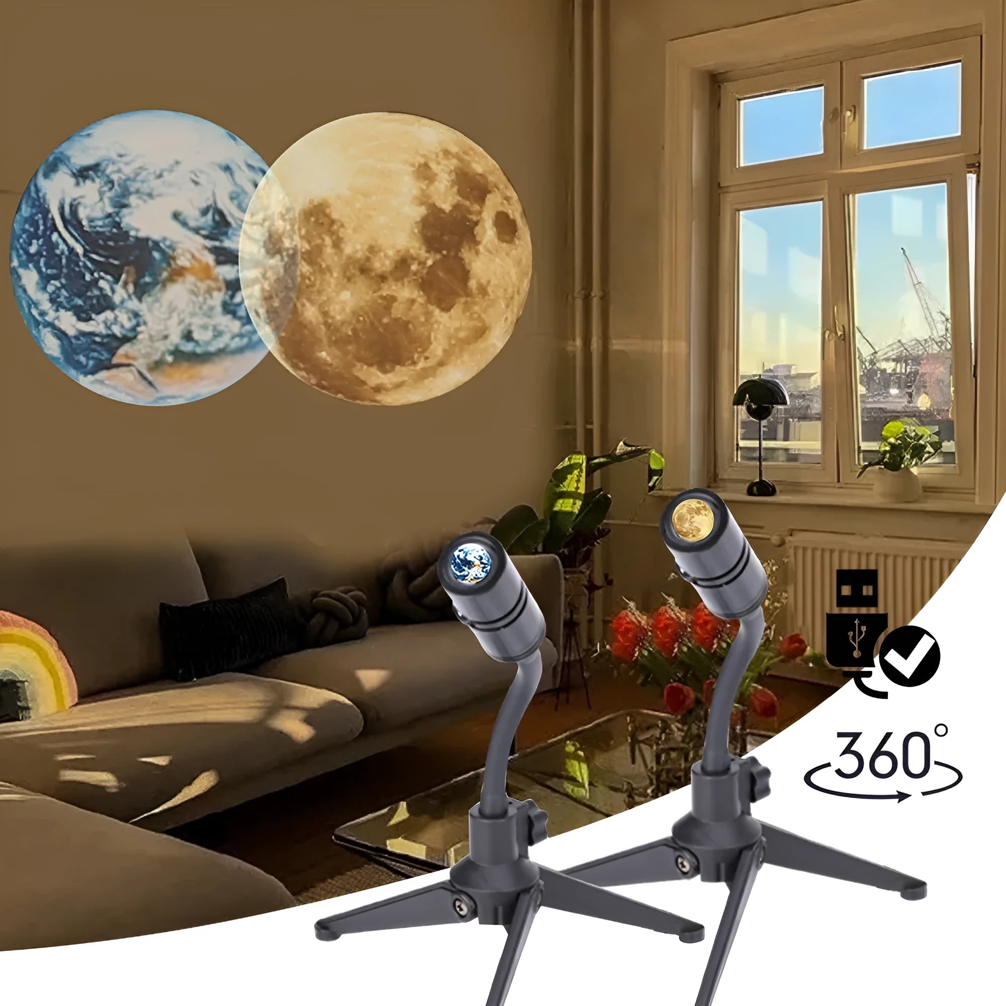 Earth and moon LED projector lamp on its adjustable hose bracket, showing USB cable.