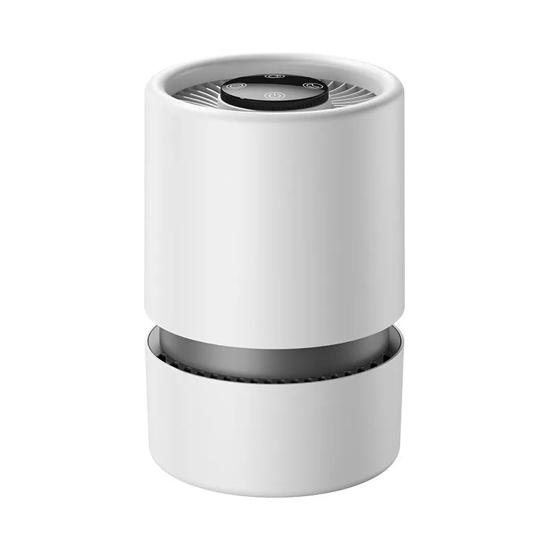 White EJ-JHQ101 desktop air purifier with USB cable on a wooden desk.