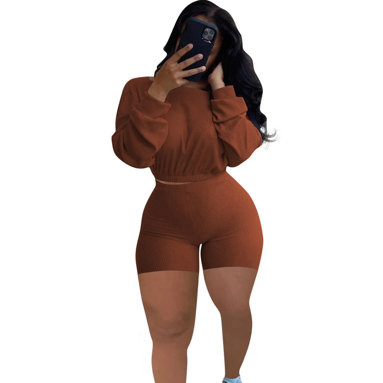 Women's sunken stripe off-the-shoulder long sleeve top with solid colour shorts in a selection of colours