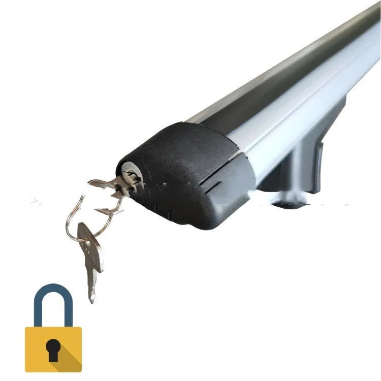 Two silver alloy roof rack crossbars for a GM SUV, shown with adjustable length between 120cm and 135cm.