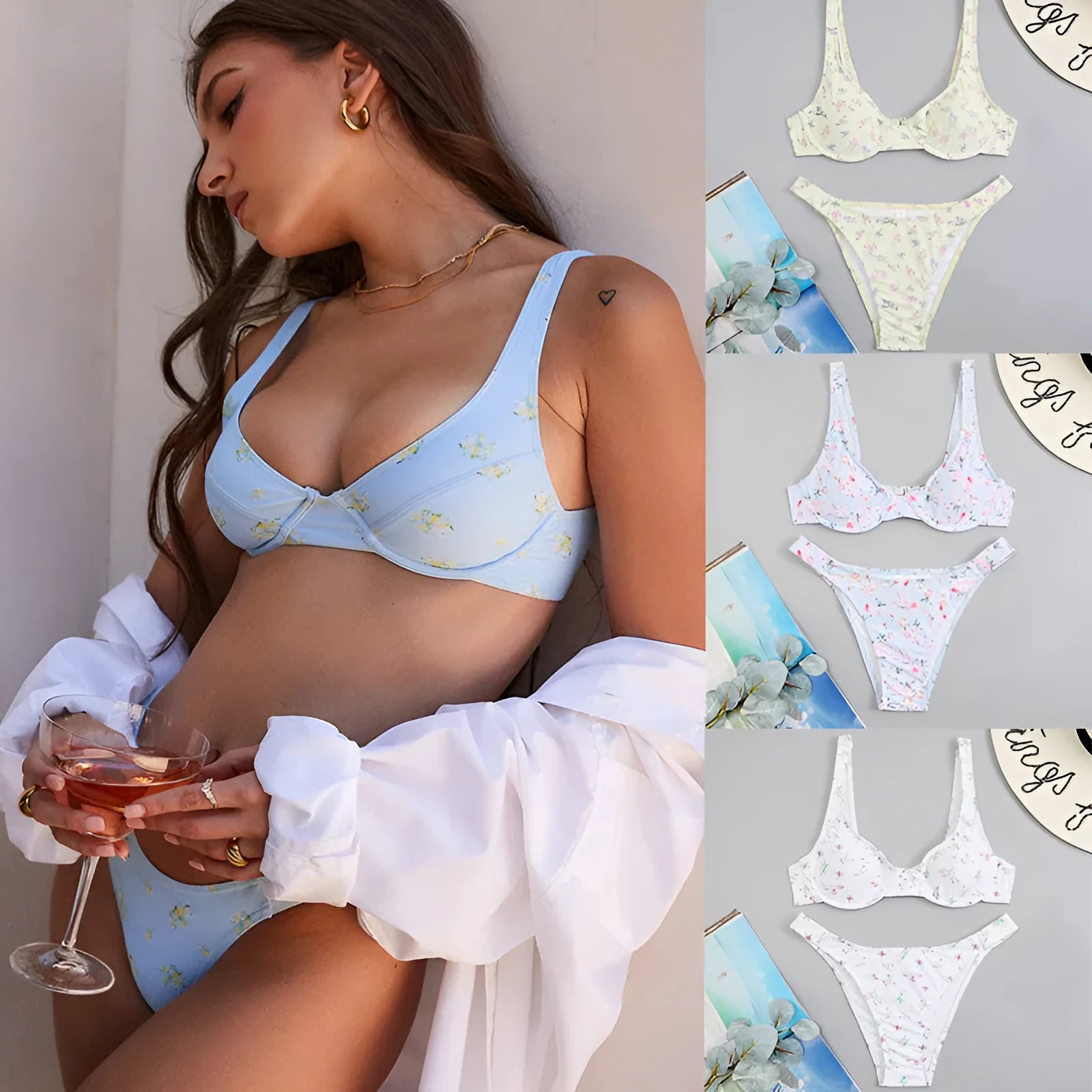 Floral yellow bikini swimsuit with high-waist briefs on white background, women's nylon quick-dry swimwear