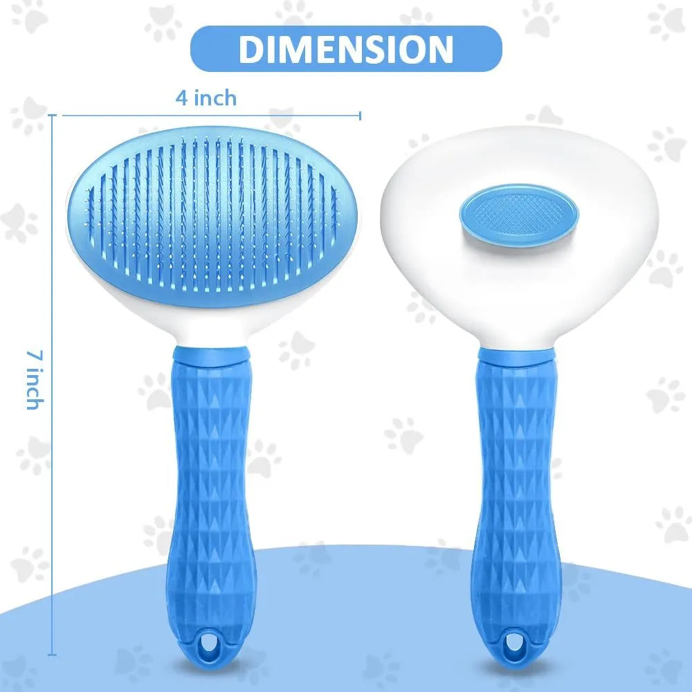 Cat grooming brush with release button in blue, grey, or pink with fine wire bristles