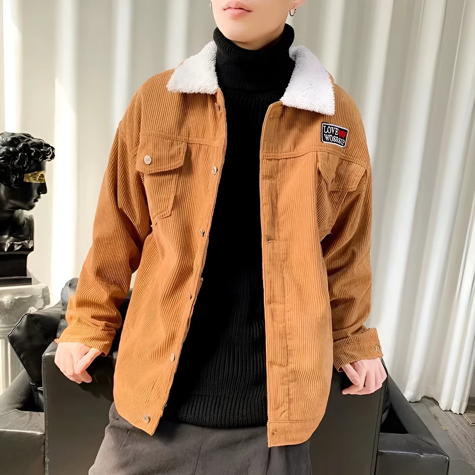 Man wearing a khaki loose-fit corduroy workwear jacket with side pockets.