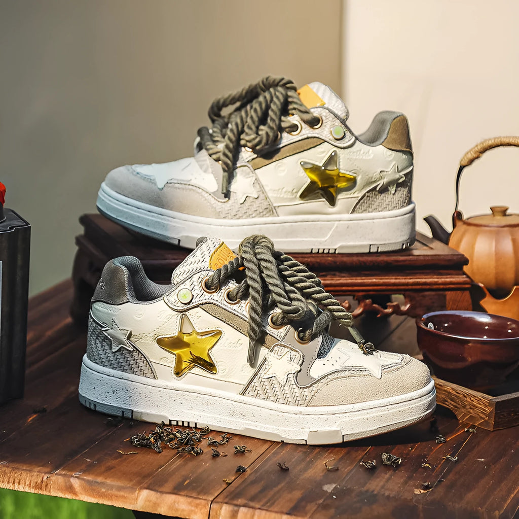 Cowhide leather low-top platform running shoes in beige with round toe and lace-up front.