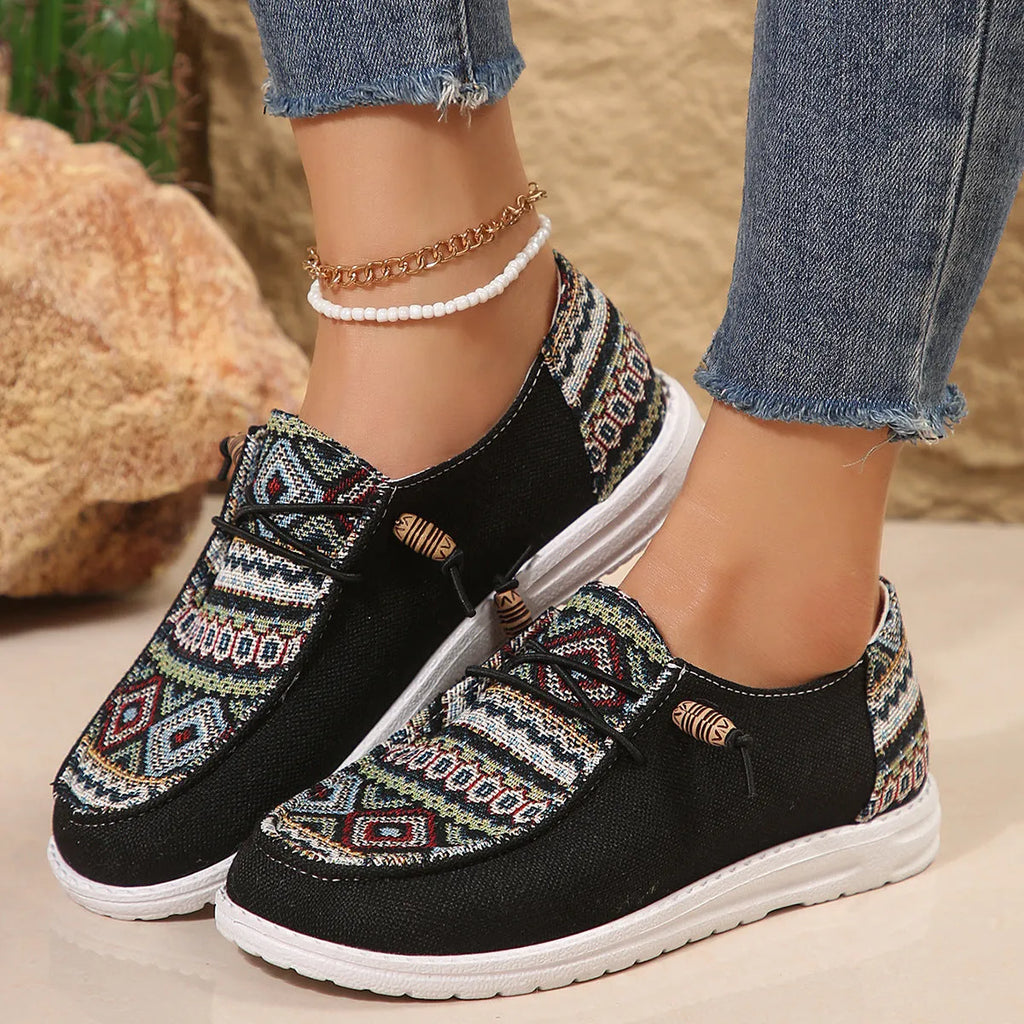 Women's flat round toe low-top shoes in black, dark grey, and khaki colours