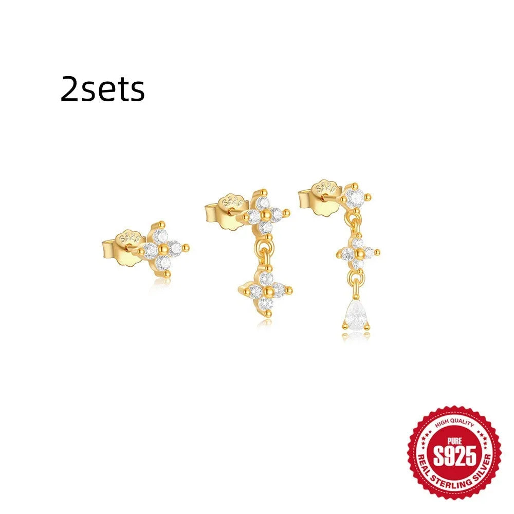 Set of three S925 sterling silver geometric zircon tassel earrings in a gold colour.