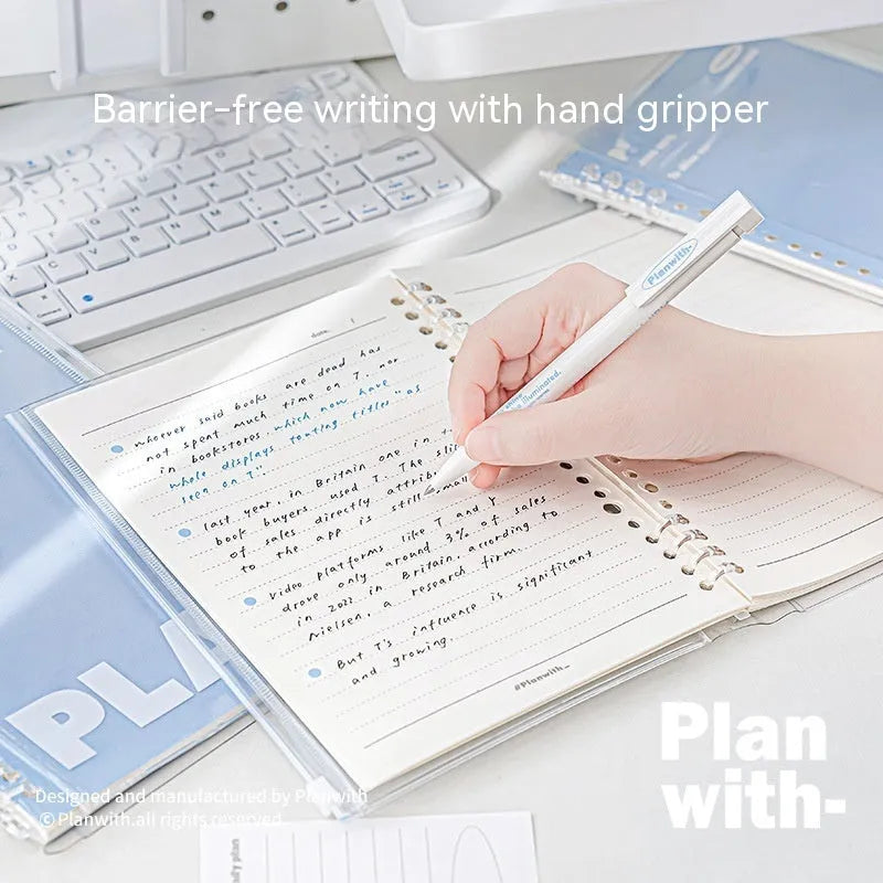 Blue and white A5 PVC spiral notebook showing spiral binding and water-resistant cover.