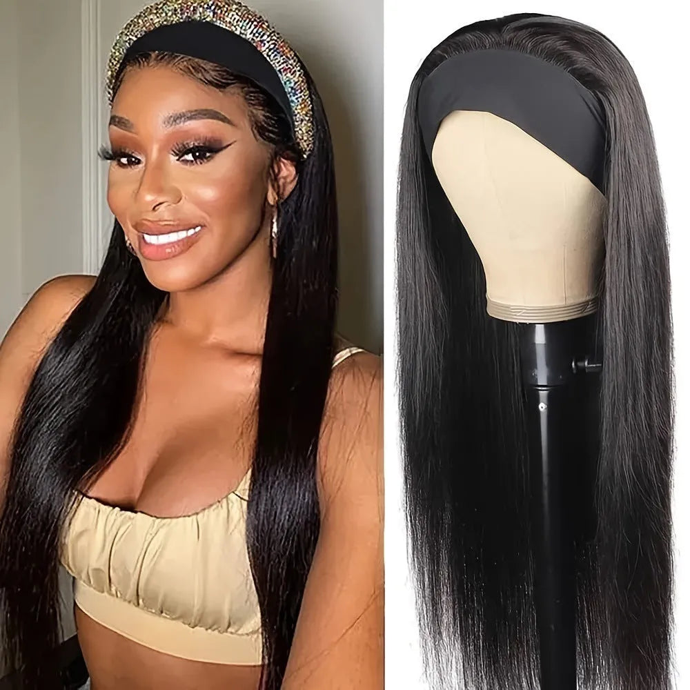 Long straight and curly headband wigs in black and wine red made from high temperature synthetic fibre