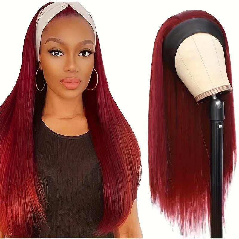 Long straight and curly headband wigs in black and wine red made from high temperature synthetic fibre
