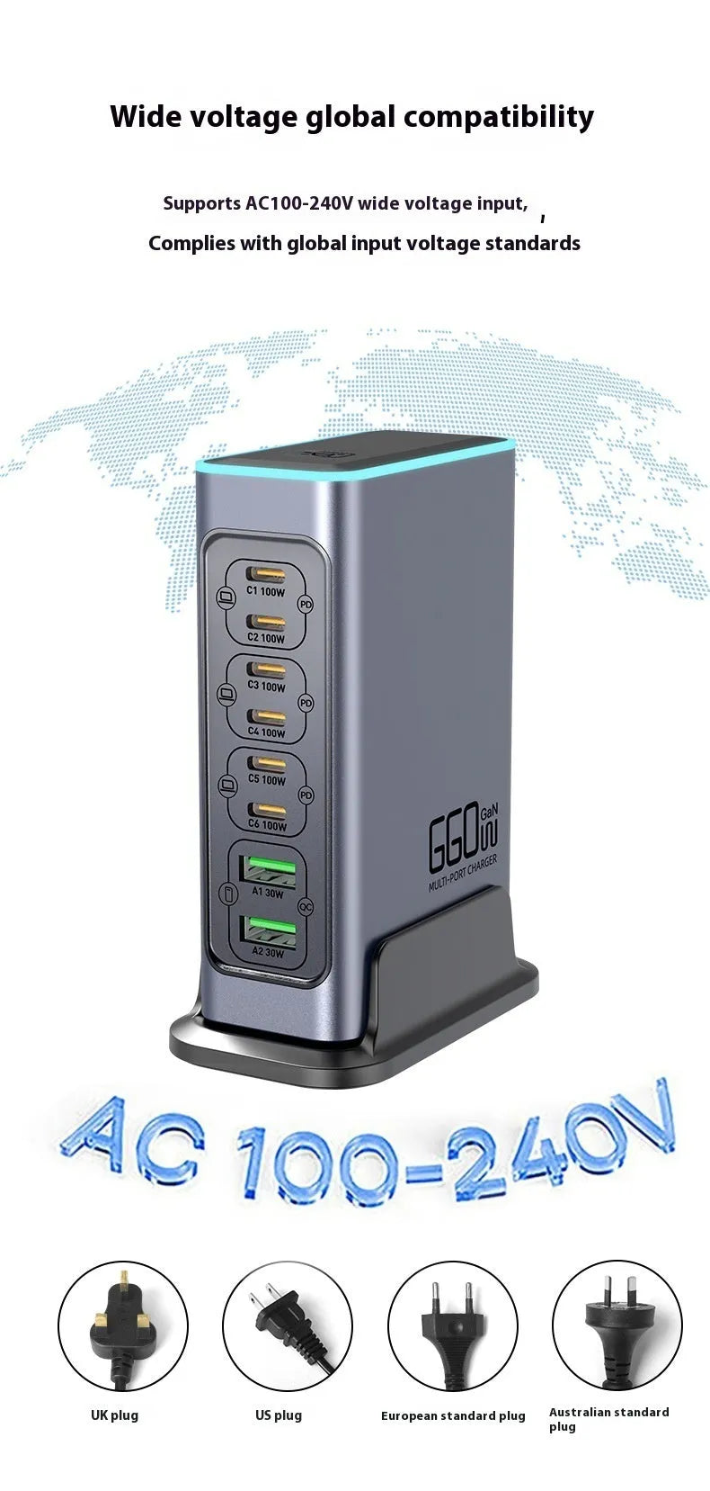 660W Gallium Nitride multi-port desktop fast charger with UK, US, EU, and AU plug heads