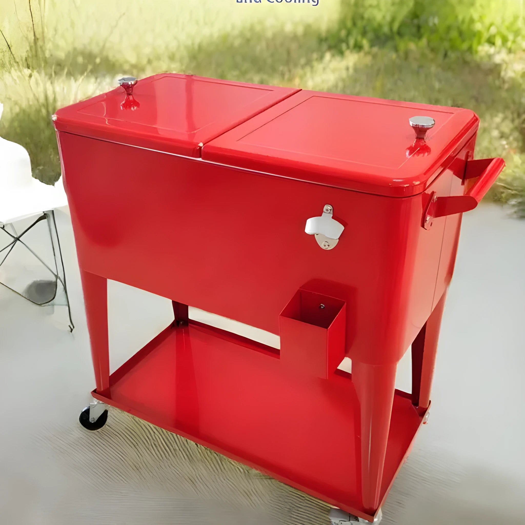 Red metal outdoor insulated cart with wheels and a 750ml capacity