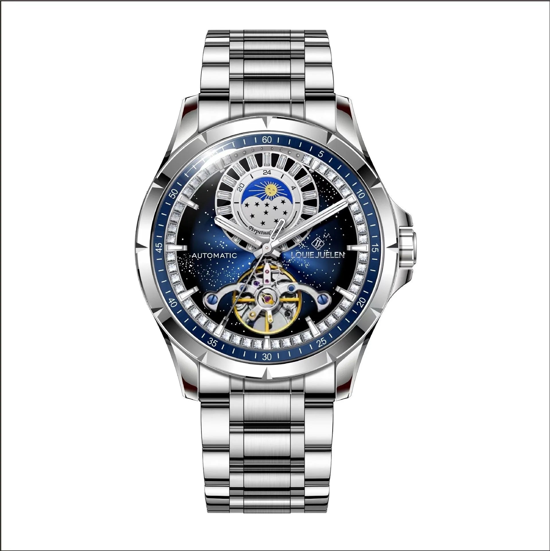 Men's silver alloy automatic mechanical watch with blue dial and stainless steel bracelet