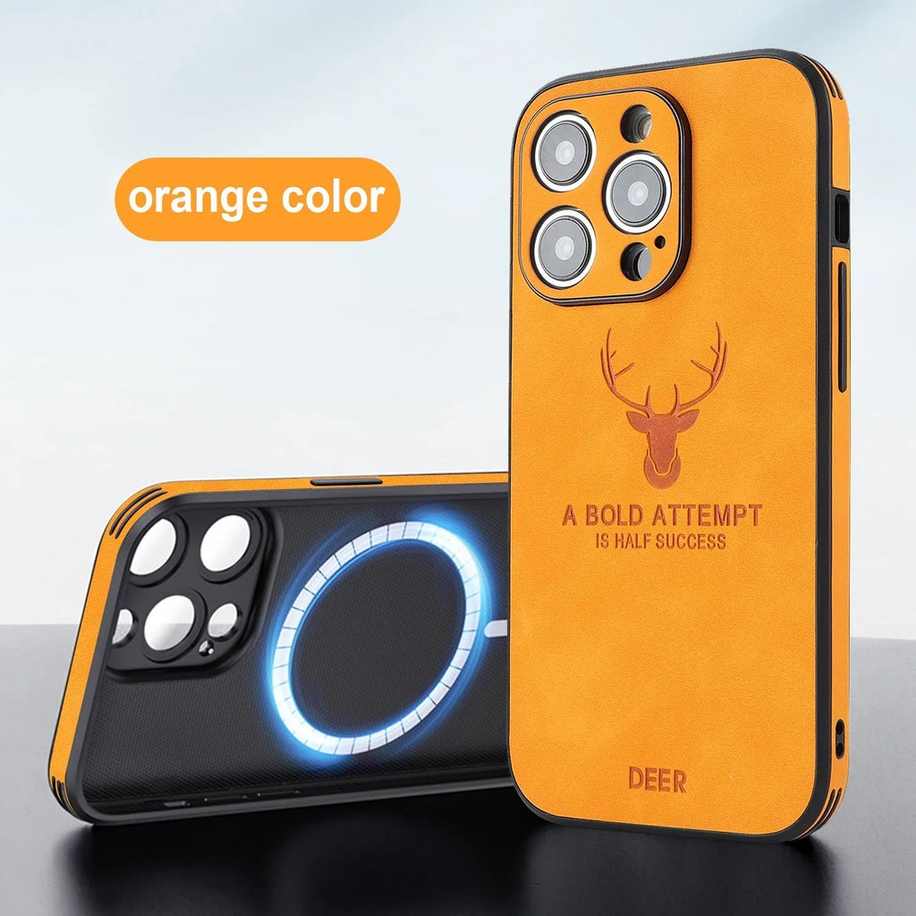 Magnetic charging iPhone 16 case with embossed moose head design in imitation leather material