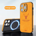Magnetic charging iPhone 16 case with embossed moose head design in imitation leather material