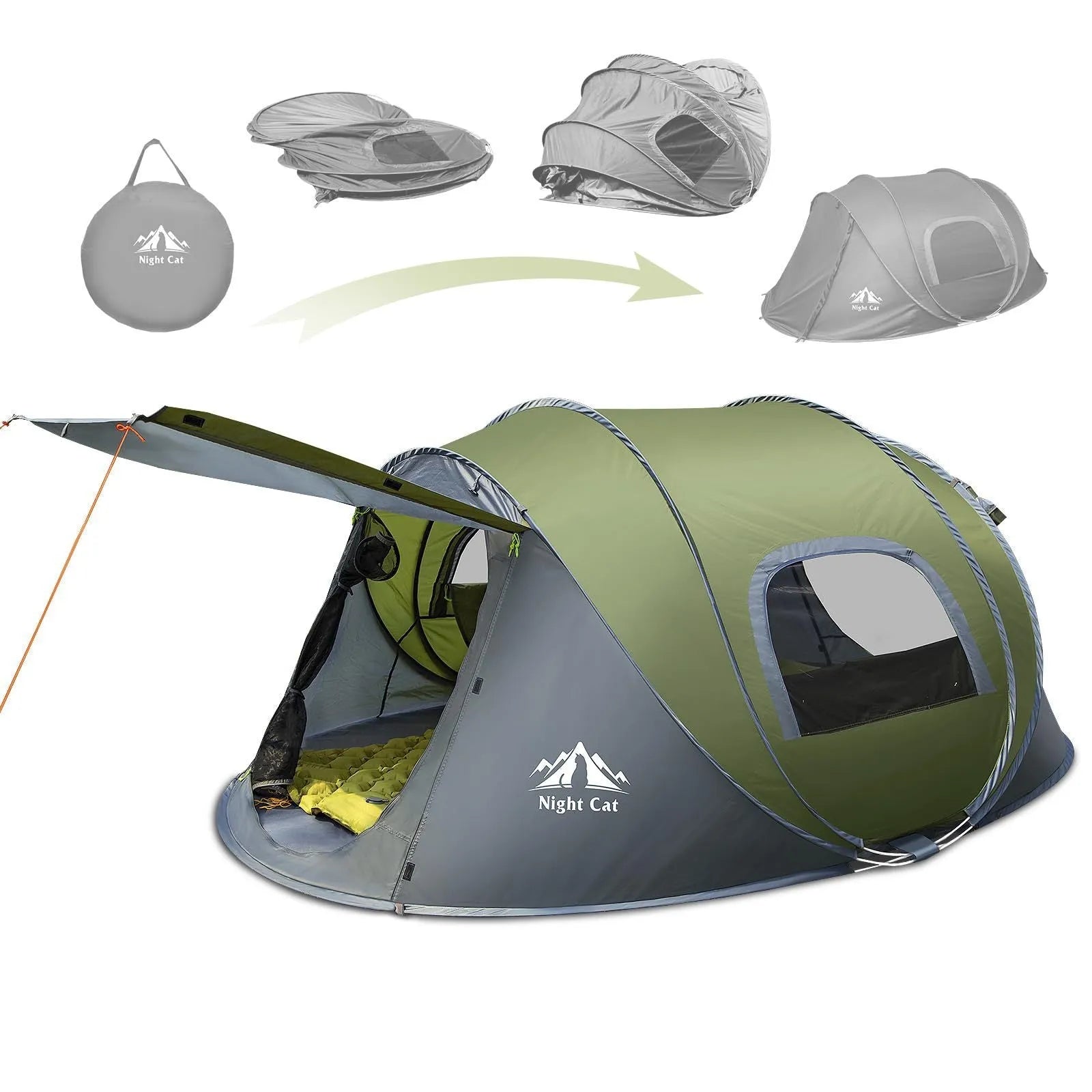 Dark green automatic instant two-person camping tent with deployed frame