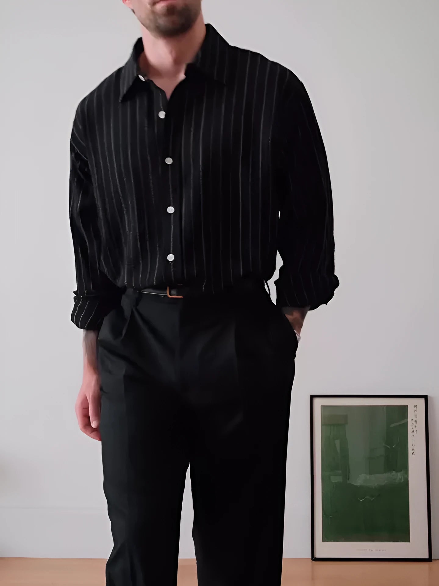 Black pinstripe button-down shirt with regular fit and long sleeves