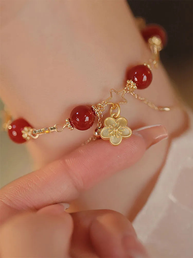 Red agate double-layer women's bracelet with hand-carved peach blossom floral design