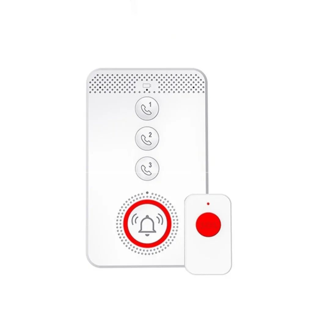 White emergency alert device with three wireless buttons and one central buzzer unit for elderly safety