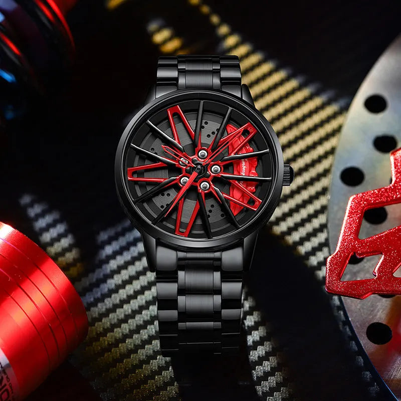 Three-dimensional hollow forged men's quartz watch with all-black rotating bezel and red steel belt on wrist