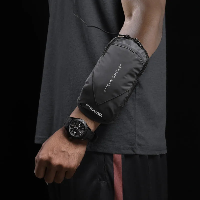 Reflective running arm bag with 7 inch capacity shown in three colour options