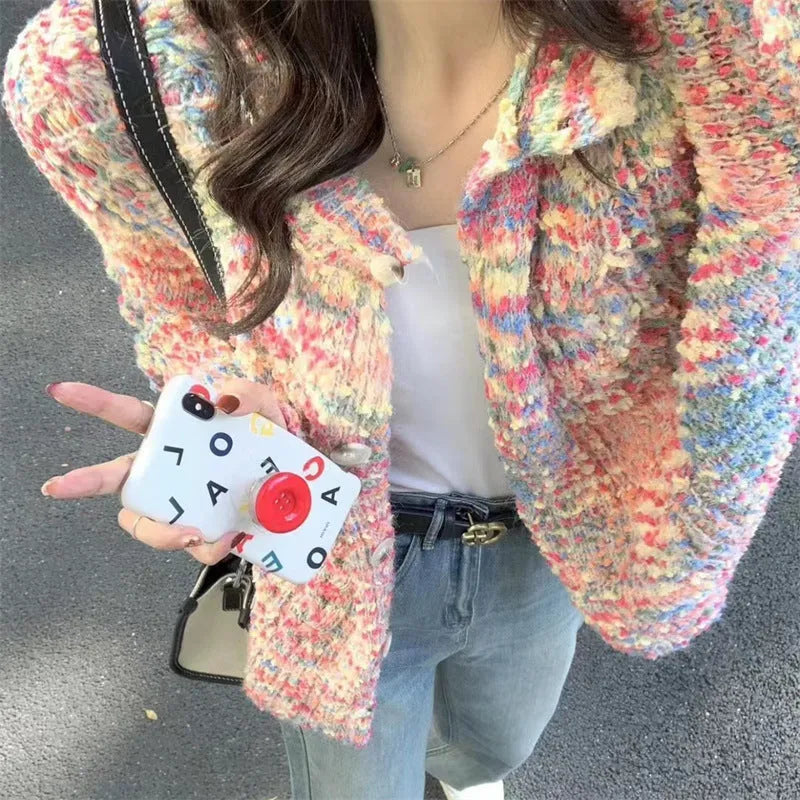Retro rainbow pattern acrylic cardigan in green or pink ice cream colours with free size slim fit