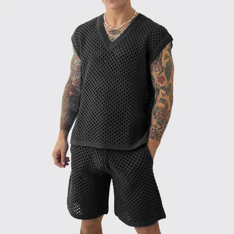 Men's sleeveless V-neck vest and shorts set in blue, black, white or khaki for summer sports
