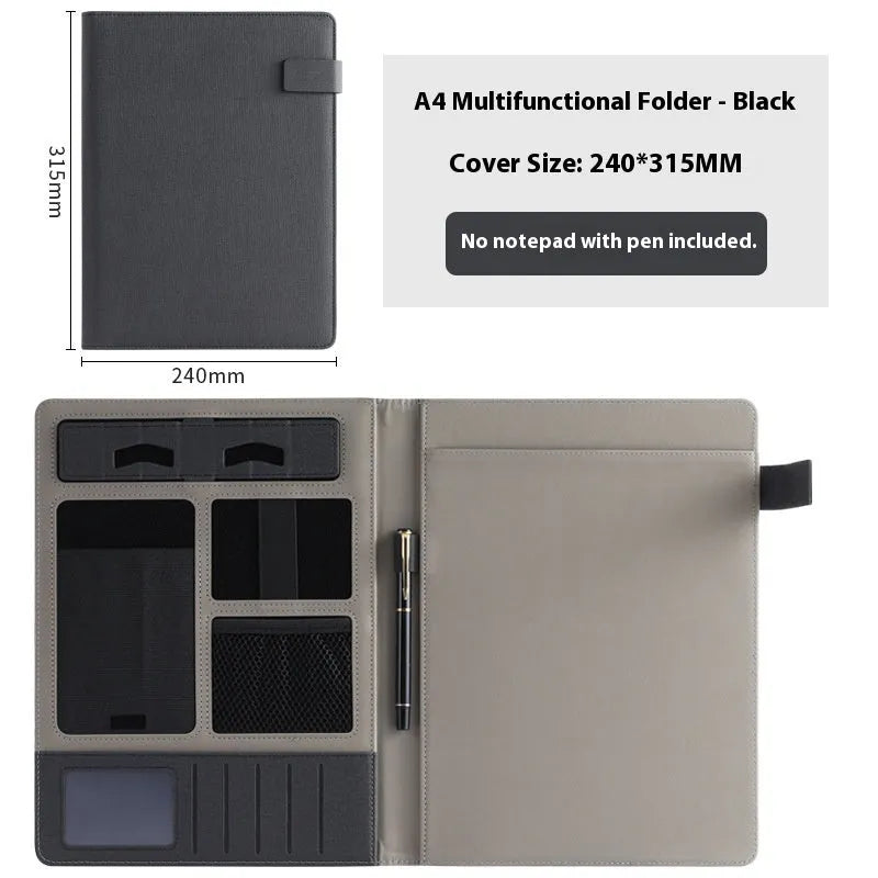 Black leather A4 business folder open to show document sleeve, pen loop, and notepad holder.
